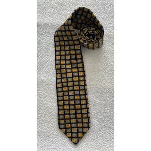 HAROLD POWELL 100% Silk Tie Yellow With Blue Geometric Diamond Handmade In Italy